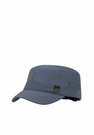 Gorra azul de estilo militar con visera corta curva y parche con el logo "Buff" en un lado, con detalles cosidos y ojales de ventilación.
