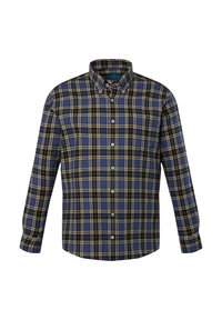 Camisa de cuadros en azul marino y amarillo de manga larga con cuello abotonado, tapeta delantera y corte regular. Confeccionada en tejido tejido con una textura suave.