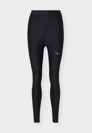 Μαύρο αθλητικό κολάν με ψηλή μέση και ανακλαστικό λογότυπο στο πάνω μέρος του μηρού, κατασκευασμένο από λείο, ελαστικό ύφασμα.