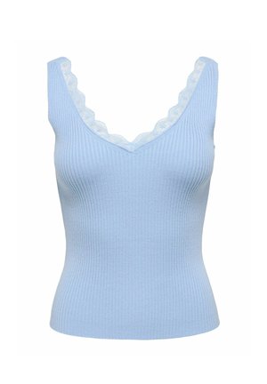 Haut sans manches en tricot côtelé bleu clair avec bordure en dentelle festonnée le long du décolleté en V.
