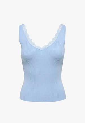 Haut sans manches en tricot côtelé bleu clair avec bordure en dentelle festonnée le long du décolleté en V.