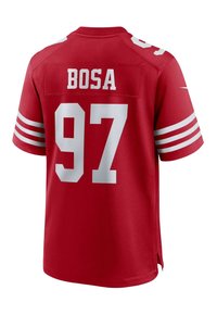 Maillot de football rouge avec des accents blancs, portant le nom "BOSA" et le numéro "97" au dos, fabriqué en tissu respirant.