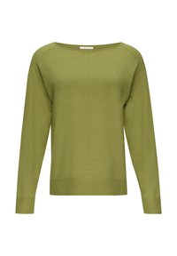 Groene gebreide trui met een ronde halslijn, lange raglanmouwen en een geribbelde zoom. De stof heeft een zachte, gladde textuur.