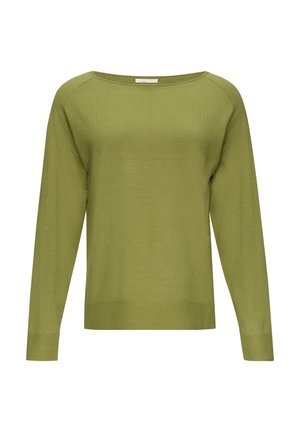 Zeleno pleteno pulover s okroglim izrezom, dolgimi raglan rokavi in ribastim robom. Tkanina ima mehko, gladko teksturo.