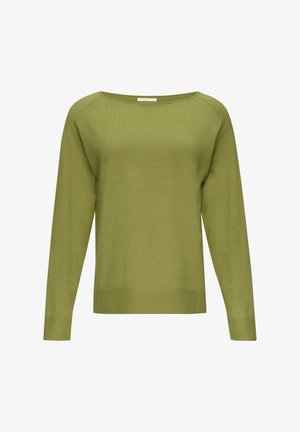 Pull en tricot vert avec un col rond, des manches raglan longues et un ourlet côtelé. Le tissu a une texture douce et lisse.