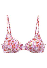 Cvečni bralette z valovitimi robovi, ki prikazuje mešanico rožnate, rdeče in vijoličaste barve na beli podlagi. Nastavljive naramnice.