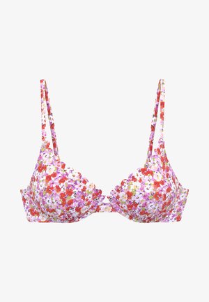Cvečni bralette z valovitimi robovi, ki prikazuje mešanico rožnate, rdeče in vijoličaste barve na beli podlagi. Nastavljive naramnice.