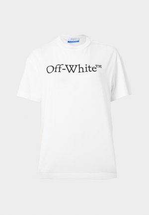 Balts kokvilnas T-krekls ar lielu melnu "Off-White™" logo uz krūtīm, īsām piedurknēm un klasisku apaļu kakla izgriezumu.