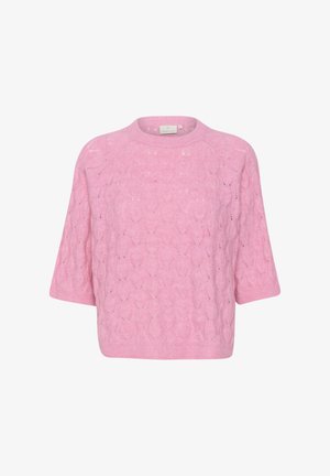 Pull en maille rose clair à manches courtes, présentant un motif texturé de feuilles et des détails en dentelle. Encolure ronde, coupe décontractée.