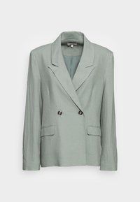 Blazer verde claro, com fechamento duplo, feito de tecido texturizado. Apresenta lapelas recortadas e dois bolsos frontais com botões redondos.