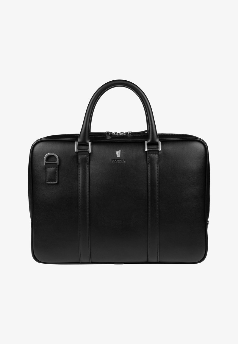 Melnas ādas portfelis ar divām augšējām rokturēm, sudraba detaļām, diviem vertikāliem šuvēm un viegli iespiestu logotipu priekšpusē.