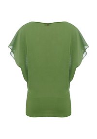 Top verde leggero con un design morbido e drappeggiato, dotato di maniche larghe e orlo a coste. Scollo semplice con una piccola etichetta.
