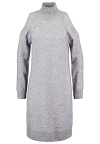 Robe-pull grise en maille avec un col montant, des manches longues, des poignets côtelés et un tissu texturé. Coupe mi-longue avec des ouvertures latérales.