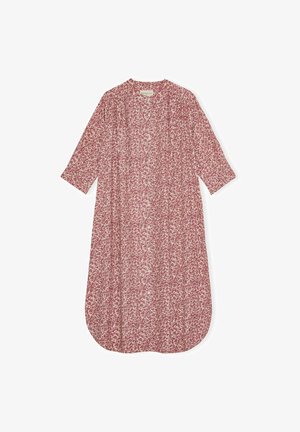 Garšs, brīvi krītošs kleita ar ziedu rakstu, kurai ir dziļa V veida kakla izgriezums, trīs ceturtdaļas piedurknes un noapaļota apakšmala. Krāsas ietver sarkano un krēmveida.