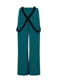 Teal nohavice so rovnými nohavicami, s čiernym X-zadným popruhom, dvoma zadnými vreckami a hladkou textúrou.