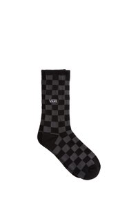 Schwarz-weiße Karosocks in Schwarz und Grau. Gerippte Textur, bis zur Mitte der Wade, mit dem weißen Vans-Logo an der Seite.