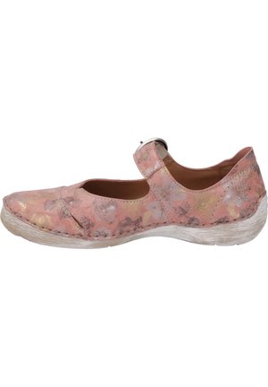 Rosa, blumenmusterte Mary Jane Schuhe mit runder Zehenpartie, verstellbarem Riemen und einer weiß strukturierten Sohle, die einen leicht erhöhten Absatz hat.