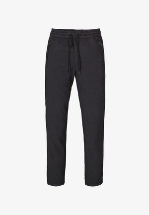 Sorte ternede joggebukser med elastisk talje og snøre, med lynlåslommer i siden, slim fit, frontudsigt på hvid baggrund.