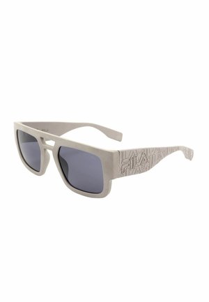 Occhiali da sole rettangolari beige con lenti scure e motivo geometrico testurizzato sulle aste.