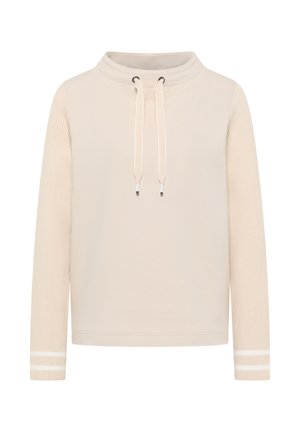 Béžový pulovr s vysokým límcem, stahováním a dlouhými rukávy. Texturovan�é pletené rukávy s dvěma bílými pruhy na manžetách. Měkká tkanina.