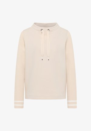 Beige pullover med hög hals, dragsko och långa ärmar. Texturerade stickade ärmar med två vita ränder vid mudden. Mjukt tyg.