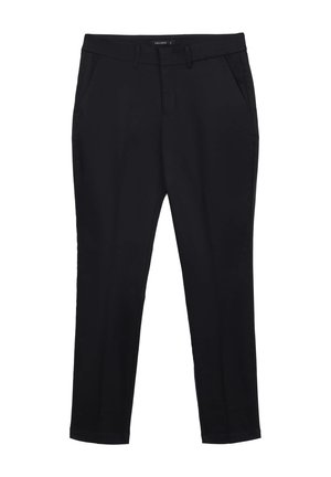 Pantaloni slim-fit neri su misura con passanti per cintura, tasche laterali e pieghe frontali, taglia small.