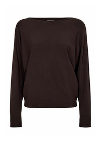 Dunkelbrauner Langarmpullover aus weichem Stoff, mit weitem Ausschnitt, lockerer Passform sowie gerippten Bündchen und Saum.