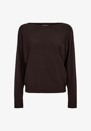 Pulover lung cu maneci, de culoare maron închis, realizat dintr-un material moale, având un gât larg, o siluetă lejeră și manșete și tiv cu model din dantelă.