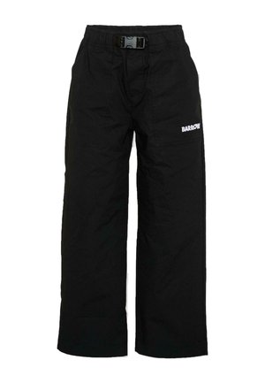 Czarne spodnie o szerokich nogawkach z elastycznym pasem i czarną plastikową klamrą, z białym logo „BARROW” na prawej udzie.