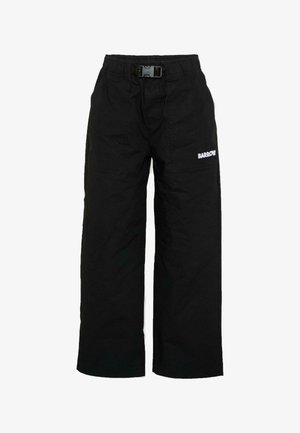 Pantalon noir à jambes larges avec taille élastique et boucle en plastique noir, avec le logo blanc "BARROW" sur la cuisse droite.