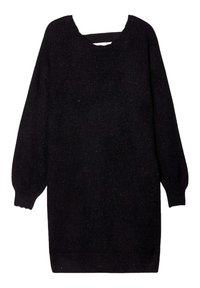 Svart tröja klänning med avslappnad passform, långa puffärmar och vid halsringning; har en liten utskärning på baksidan och en texturerad yta.
