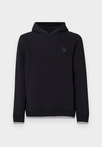 Black hooded sweatshirt with long sleeves, featuring a small turquoise logo on the chest and a light gray accent at the hem and cuffs.