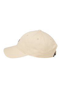 Cappellino in cotone beige con visiera curva, sei fori di ventilazione e una fasciatura regolabile sul retro. Nessun logo o motivo visibile.