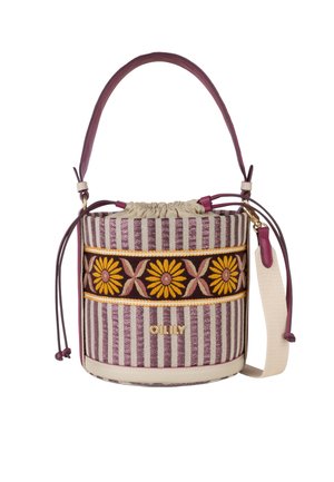 Gestreepte bucketbag in bordeauxrood en beige, met een bloemenborduursel op de band, trekkoordsluiting, korte handgreep en afneembare beige schouderriem.