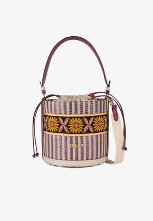 Gestreepte bucketbag in bordeauxrood en beige, met een bloemenborduursel op de band, trekkoordsluiting, korte handgreep en afneembare beige schouderriem.