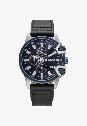 Herre G-Star armbåndsur med sort læderrem, sort urskive, tre underskiver, sølv time markører og dobbelt tidsfunktion.