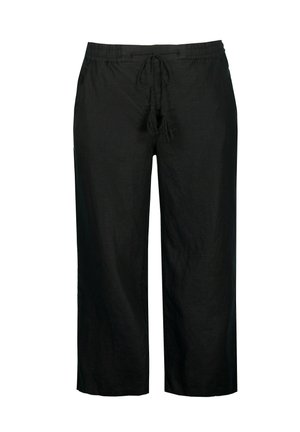 Culottes in lino nero con vita regolabile, caratterizzati da una vestibilità rilassata, gambe larghe e una superficie liscia. Senza motivi o dettagli visibili.