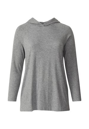 Szara długi rękaw bluza z kapturem wykonana z miękkiej mieszanki bawełny. Posiada przednią kieszeń oraz luźny krój z zaokrąglonym dołem. Prosty design.