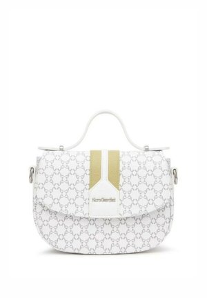 Witte handtas met een grijs kettingpatroon, beige verticale strepen, bovenhandvat en een klep met het NeroGiardini-logo.