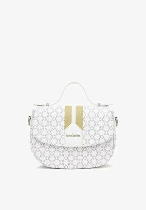 Borsa bianca con motivo a catena grigia ripetuta, strisce verticali beige, manico superiore e chiusura a patta con logo NeroGiardini.