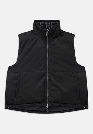 Schwarze ärmellose Weste aus glattem, gepolstertem Material. Mit hohem Kragen, Reißverschluss vorne und zwei seitlichen Taschen. Das Innenfutter hat ein gemustertes Design.