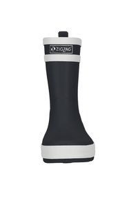 Bottillon noir imperméable avec des accents blancs, présentant un dessus lisse, une bande texturée et une languette rectangulaire à l'arrière.