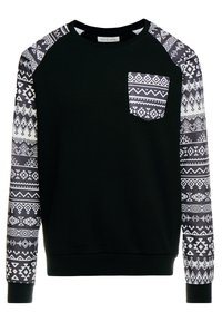 Felpa nera con maniche a fantasia e tasca, caratterizzata da disegni geometrici in bianco e grigio. Collo rotondo e polsini a costine.