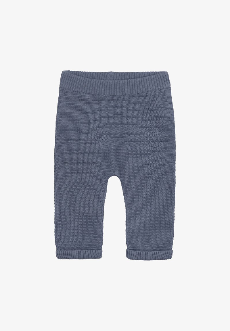 Gray ribbed knit leggings with a stretchy waistband and rolled cuffs, featuring a textured surface and cropped length.