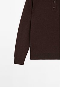 Dark brown long-sleeve knit sweater with a ribbed hem and cuffs, featuring three buttons near the collar.