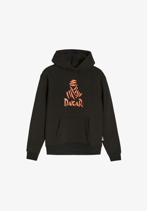 Czarna bluza z kapturem wykonana z bawełny, z przednią kieszenią typu kangurka, ozdobiona pomarańczowym logo „DAKAR” i teksturowanym wzorem. Kaptur wyposażony w sznurek regulujący.
