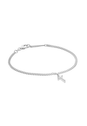 Silver chain bracelet with small cross pendant and lobster clasp on a white background.