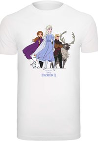 Bílá bavlněná tričko s barevným potiskem postav z "Ledového království II", na kterém jsou Elsa, Anna, Kristoff, Olaf a Sven.