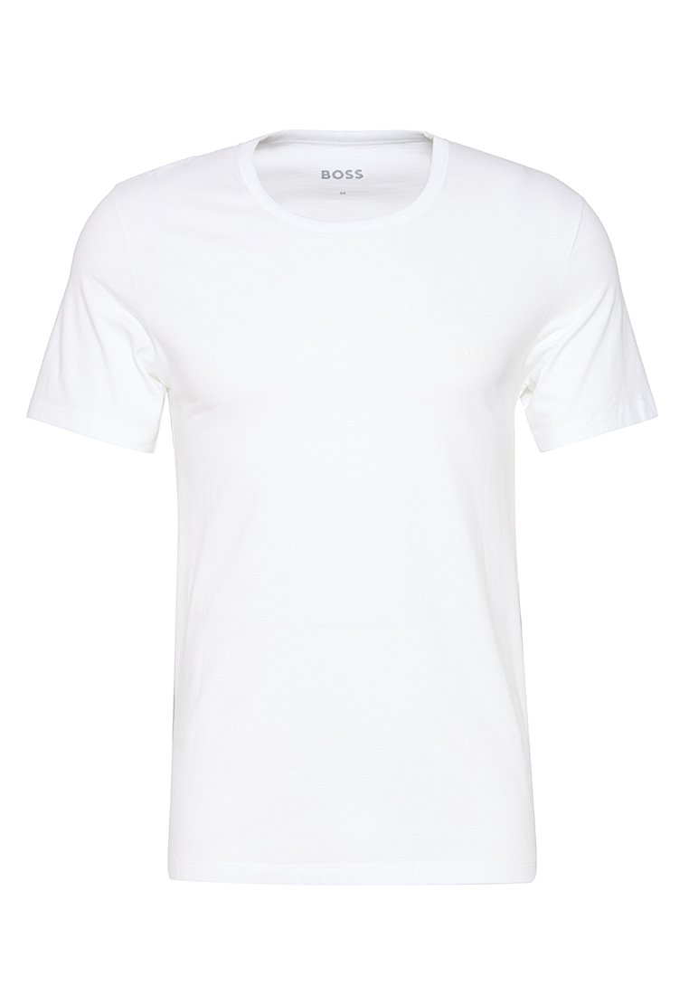 T-shirt blanc à manches courtes, col rond, avec un petit logo "BOSS" sur la poitrine et à l'intérieur du col, taille medium.