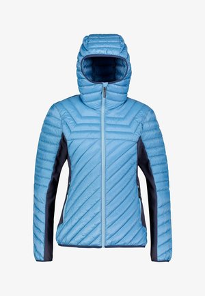 Giacca puffa di colore blu chiaro con cappuccio, dotata di cuciture a zig-zag, chiusura con zip e pannelli neri sui lati e sulle maniche.